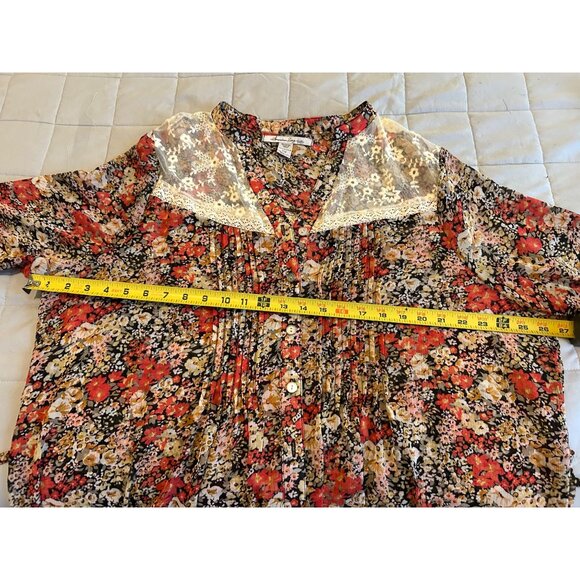 American Rag Cie Plus 2X Floral Boho Peasant Blouse Sheer Lace Yoke Button Front - Picture 4 of 15